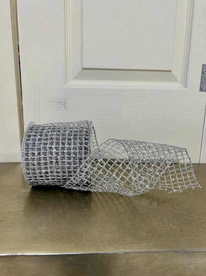 4.25 Inch By 10 Yard Silver Tinsel Mesh Ribbon