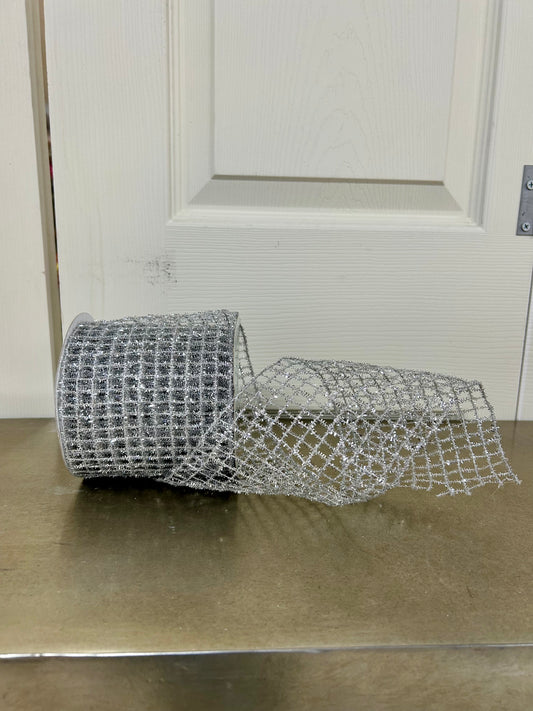 4.25 Inch By 10 Yard Silver Tinsel Mesh Ribbon