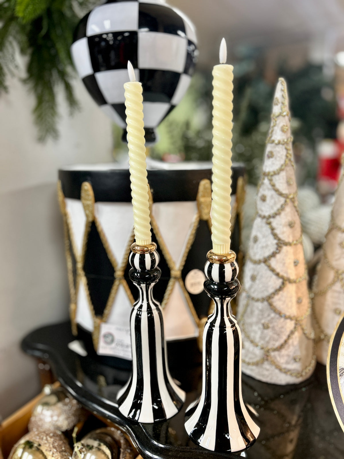 Set Of Two 10 Inch Black & White Striped Ceramic Taper Candle Holder