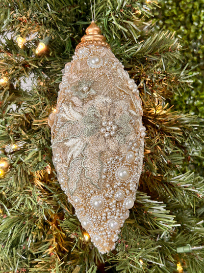 10 Inch Champagne Pearl Embossed Glitter Finial Ornament