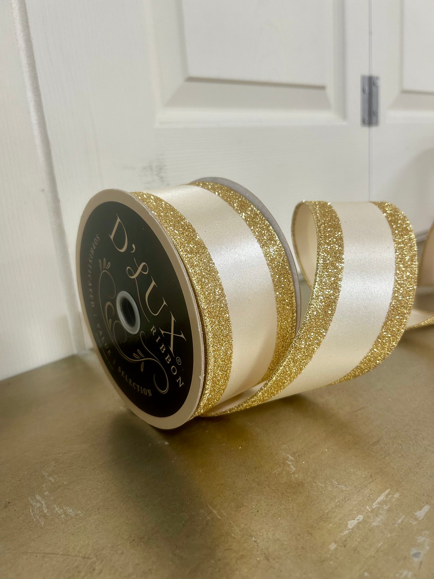 2.5 Inch By 10 Yard Ivory And Gold Vertical Glitter Stripe Sewn Ribbon