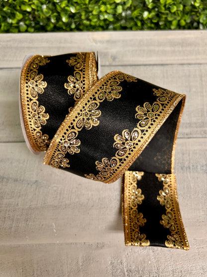 2.5 Inch By 10 Yard Black Gold And Champagne Lux Scallop Trim Ribbon