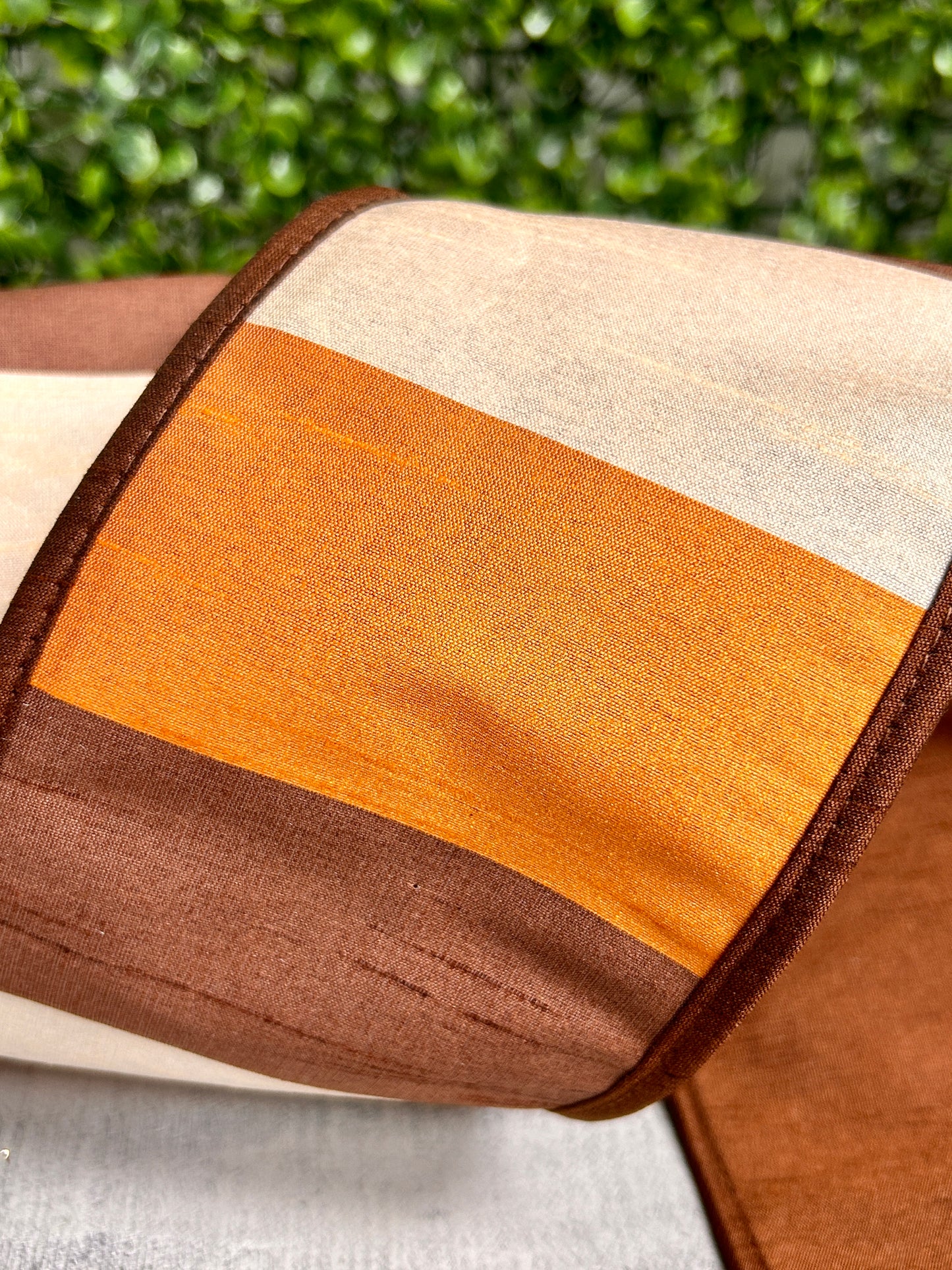 John Mark 4 Inch By 10 Yard Brown Cream Orange Dupioni Block Striped Ribbon