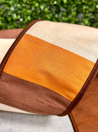 John Mark 4 Inch By 10 Yard Brown Cream Orange Dupioni Block Striped Ribbon