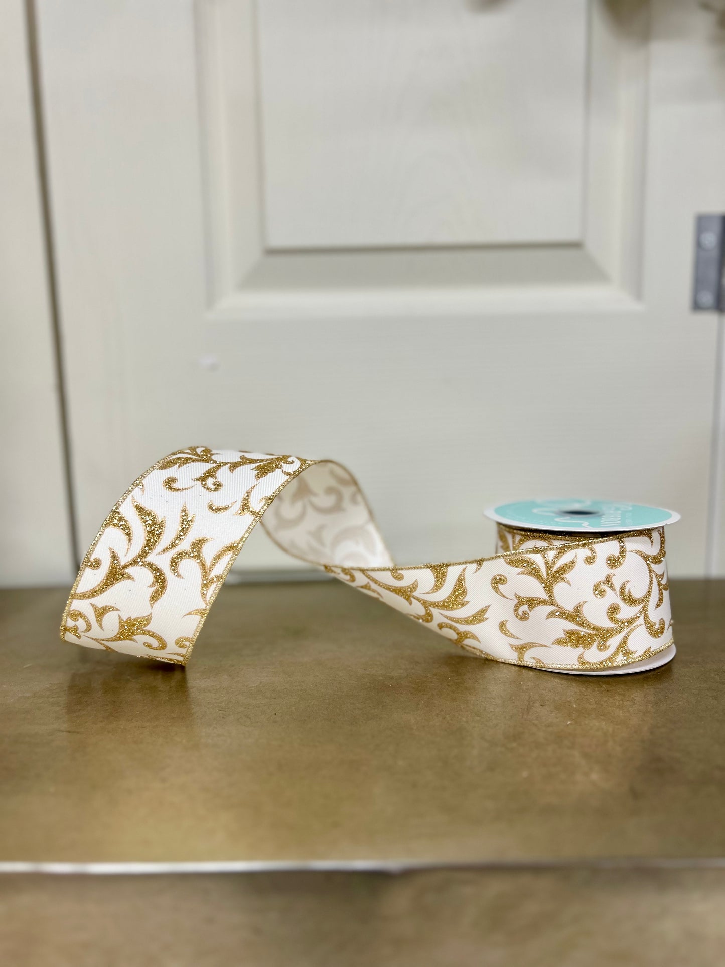 2.5 Inch By 10 Yard Ivory And Gold Acanthus Leaf Ribbon