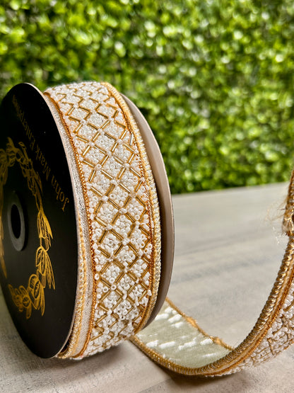 John Mark Enterprises 1.5 Inch By 5 Yard Ivory And Gold Beaded Trim Metallic Ribbon