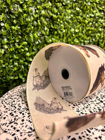 2.5 Inch By 10 Yard Cream And Brown Horse Head On Royal Ribbon