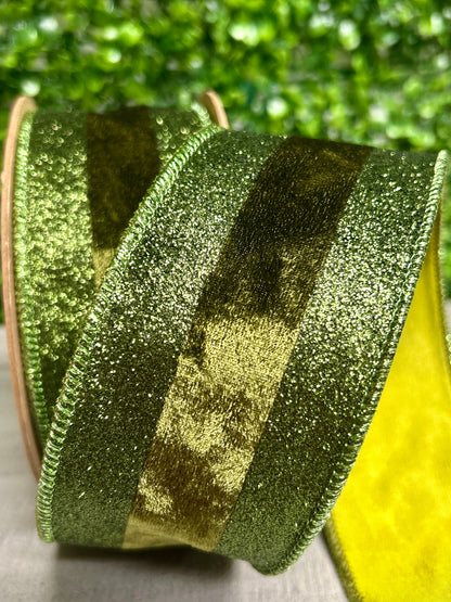 2.5 Inch By 10 Yard Dark Green With Glitter Velvet Stripe Ribbon