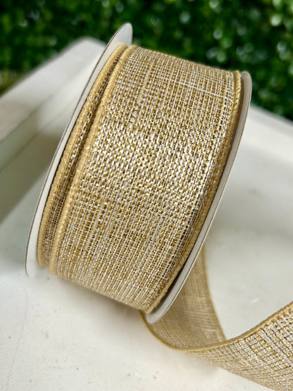 1.5 Inch By 10 Yard Cream And Gold Metallic Royal Burlap Ribbon