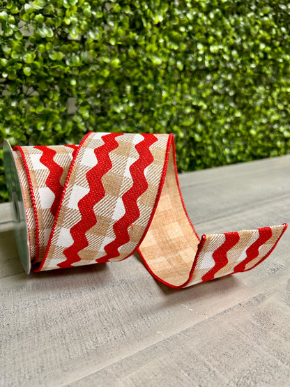 2.5 Inch By 10 Yard Red Tan And White Fancy Ric Rac On Check Ribbon