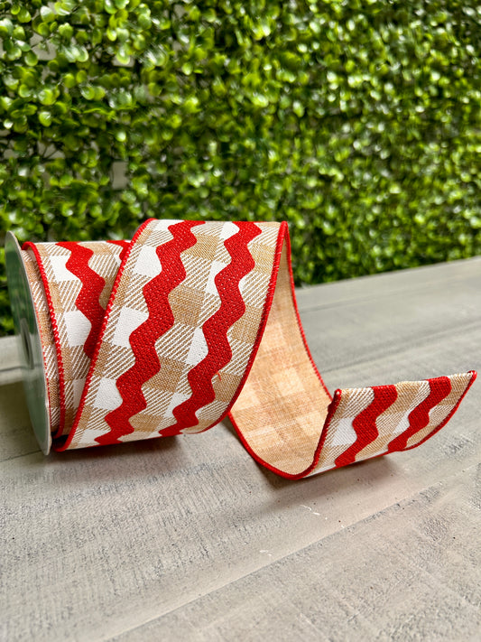 2.5 Inch By 10 Yard Red Tan And White Fancy Ric Rac On Check Ribbon