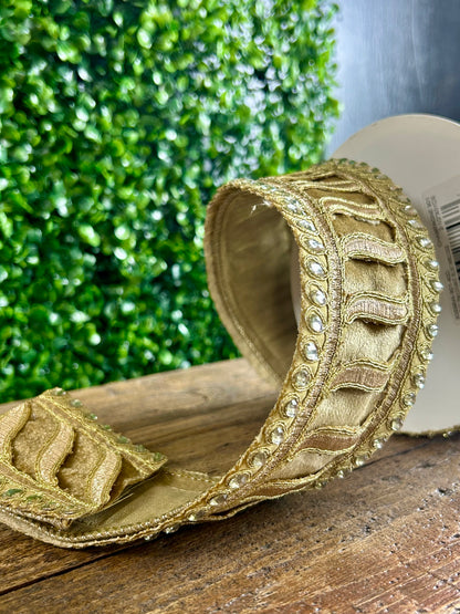 2.5 Inch By 5 Yard Champagne Jeweled Trim Elegance Velvet Ribbon