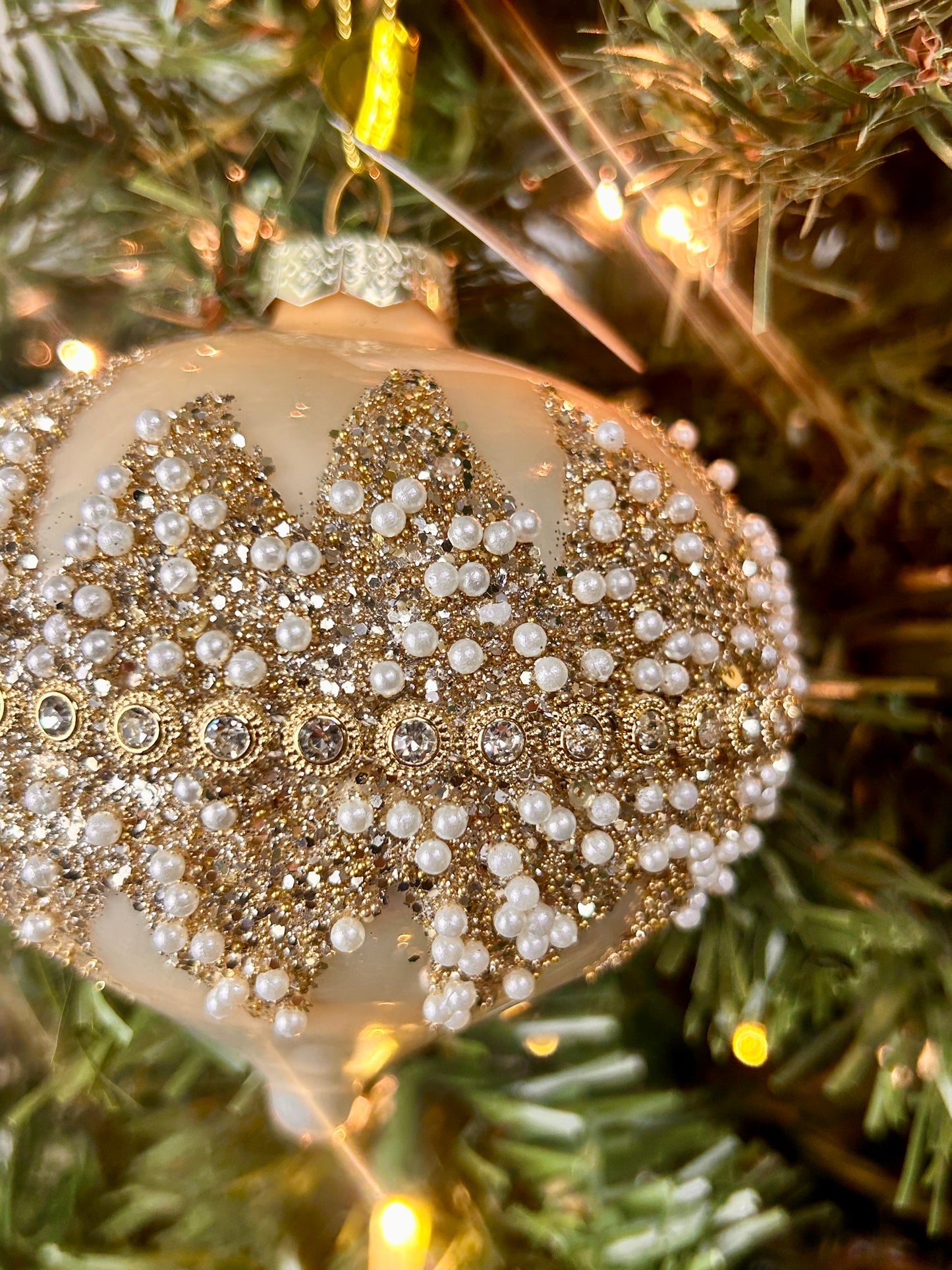 4 Inch Champagne And Cream Beaded Glass Ornament Three Assorted