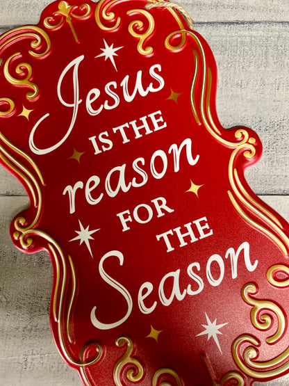 11.5 Inch Red And Gold Jesus Is The Reason Metal Sign