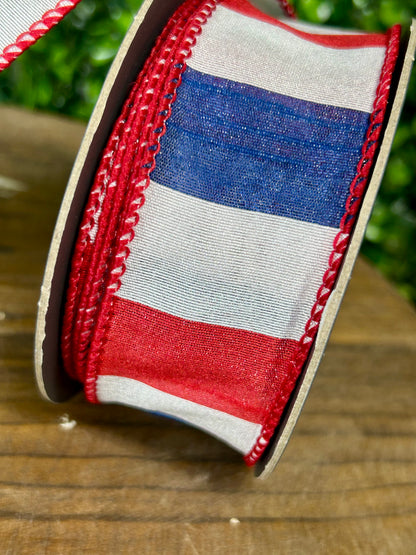 1.5 Inch By 10 Yard Red White And Blue American Dupioni Bar Wired Edge Ribbon