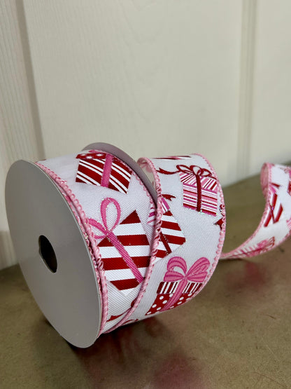 1.5 Inch By 10 Yard Red And Pink Wrapped Gifts On White Background Ribbon