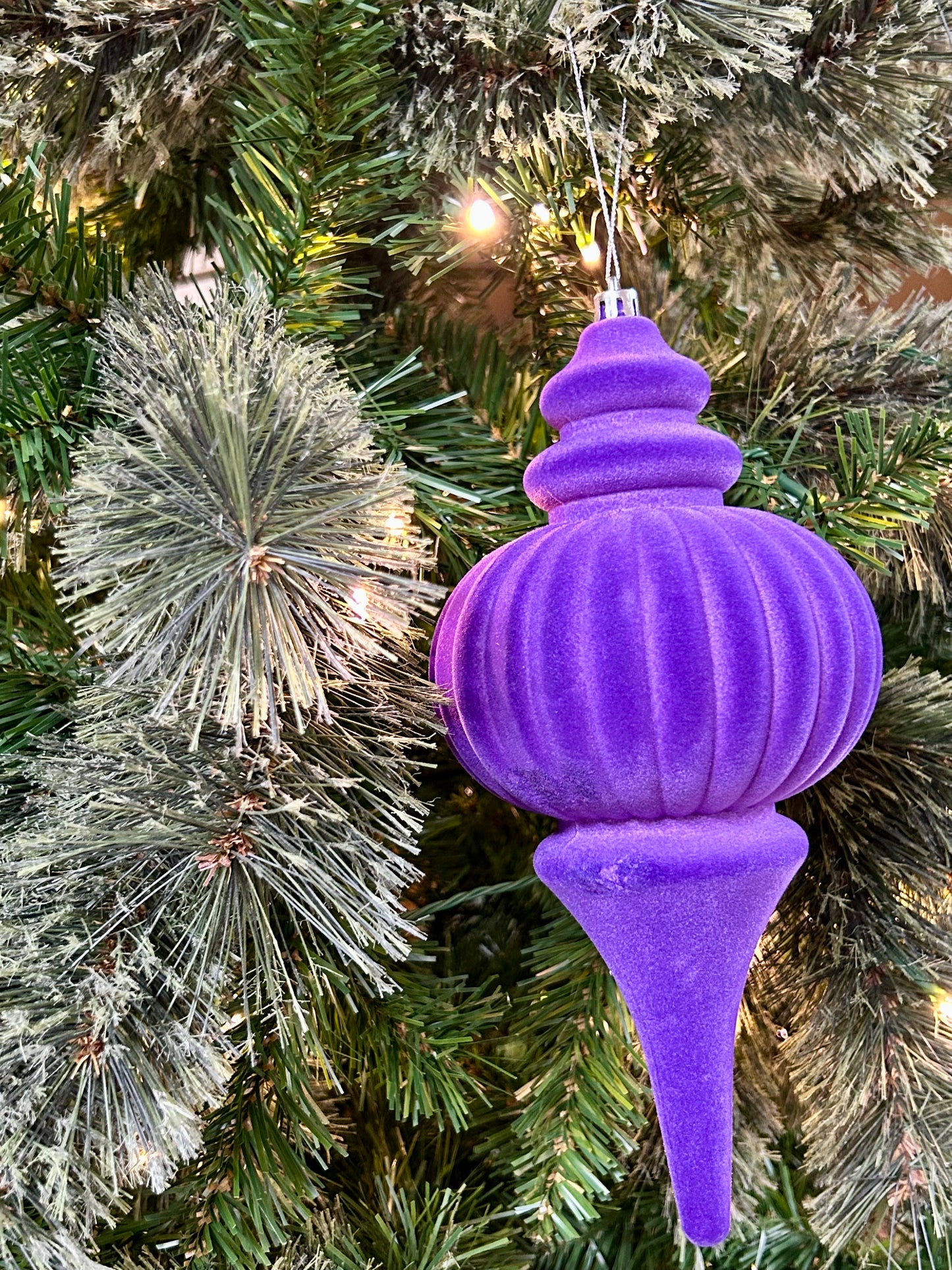 10 Inch Purple Plastic Flocked Finial Ornament