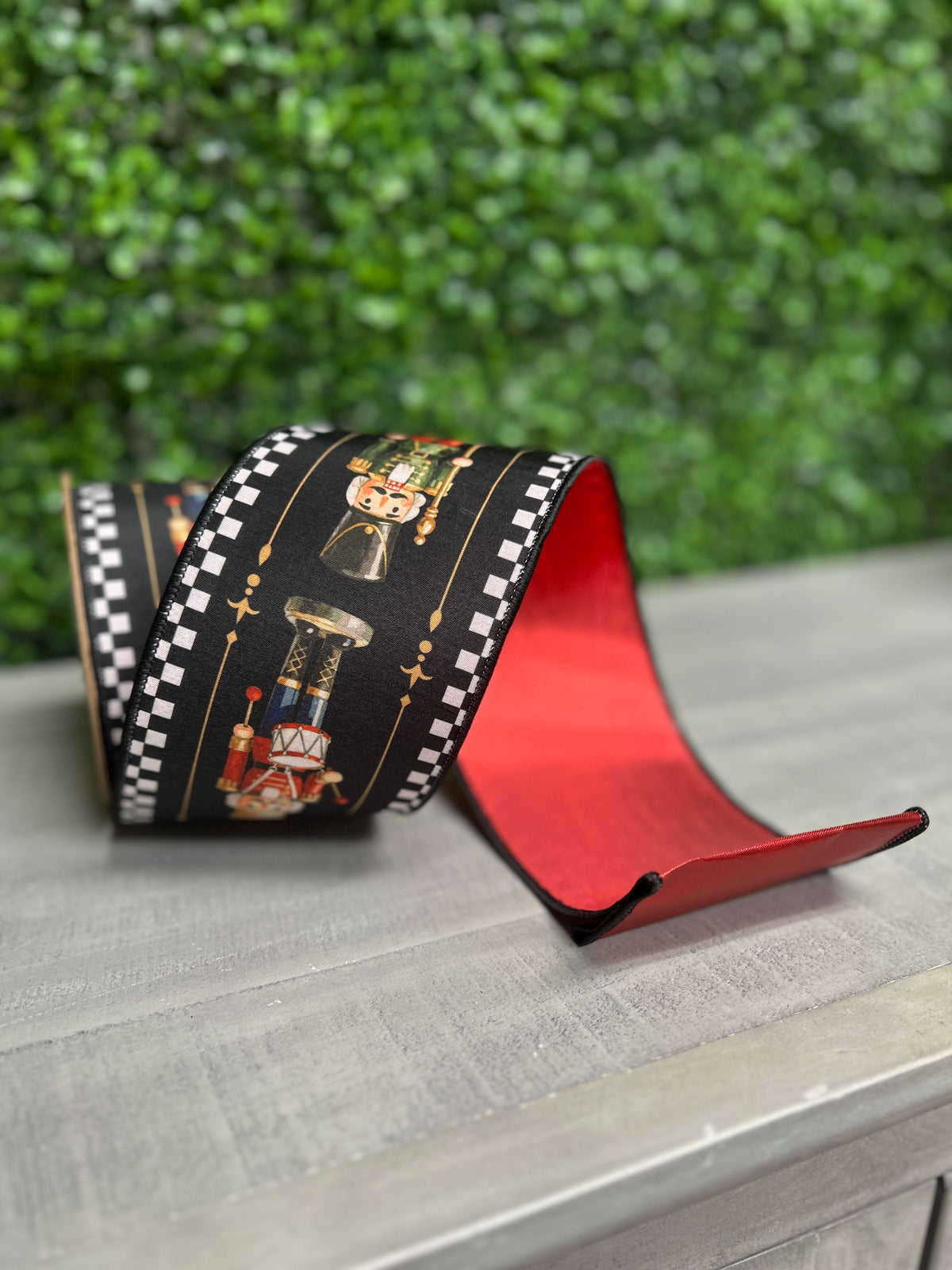 4 Inch By 10 Yard Black White Check Nutcracker With Red Backing Ribbon