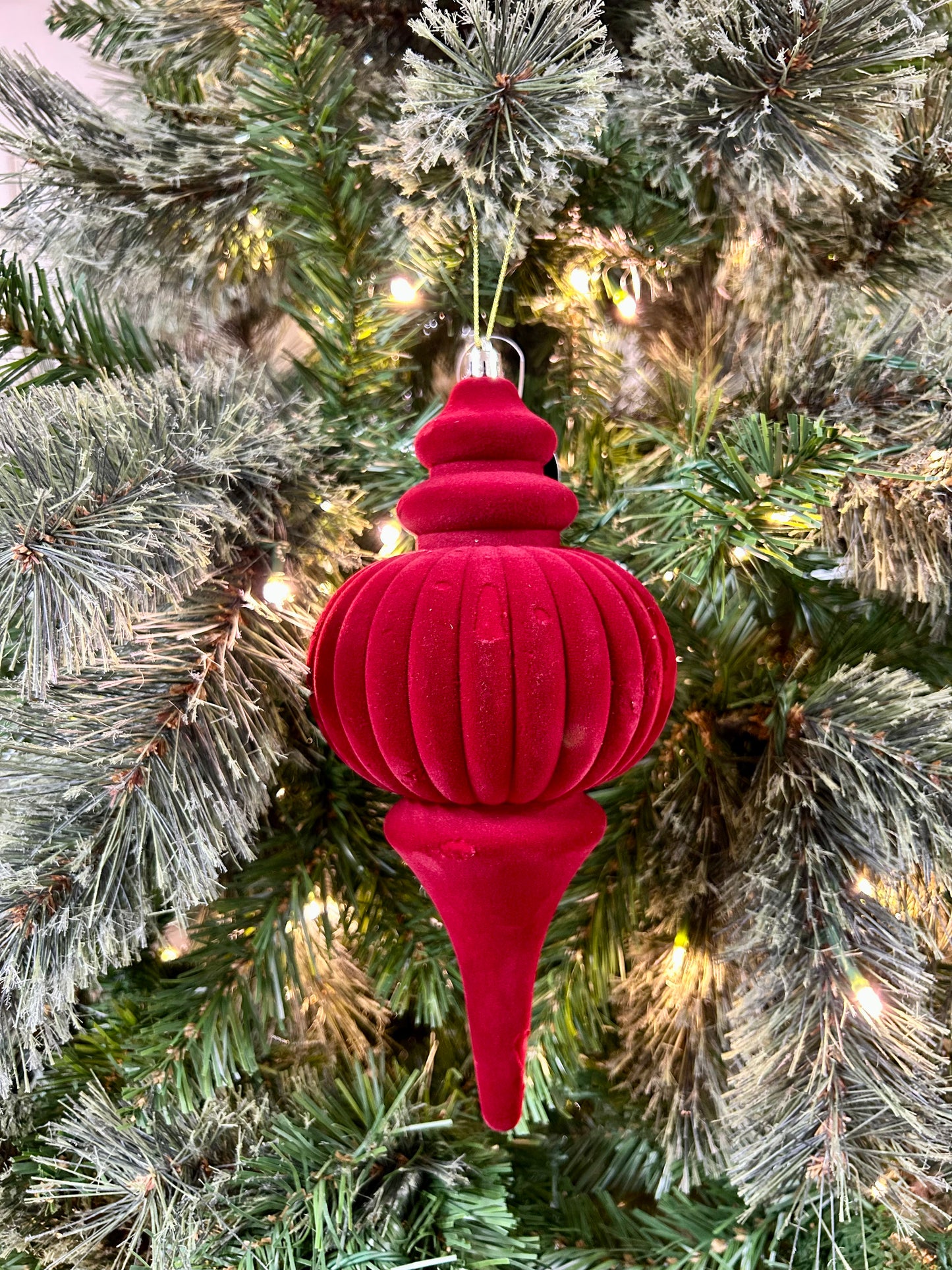 10 Inch Crimson Plastic Flocked Finial Ornament