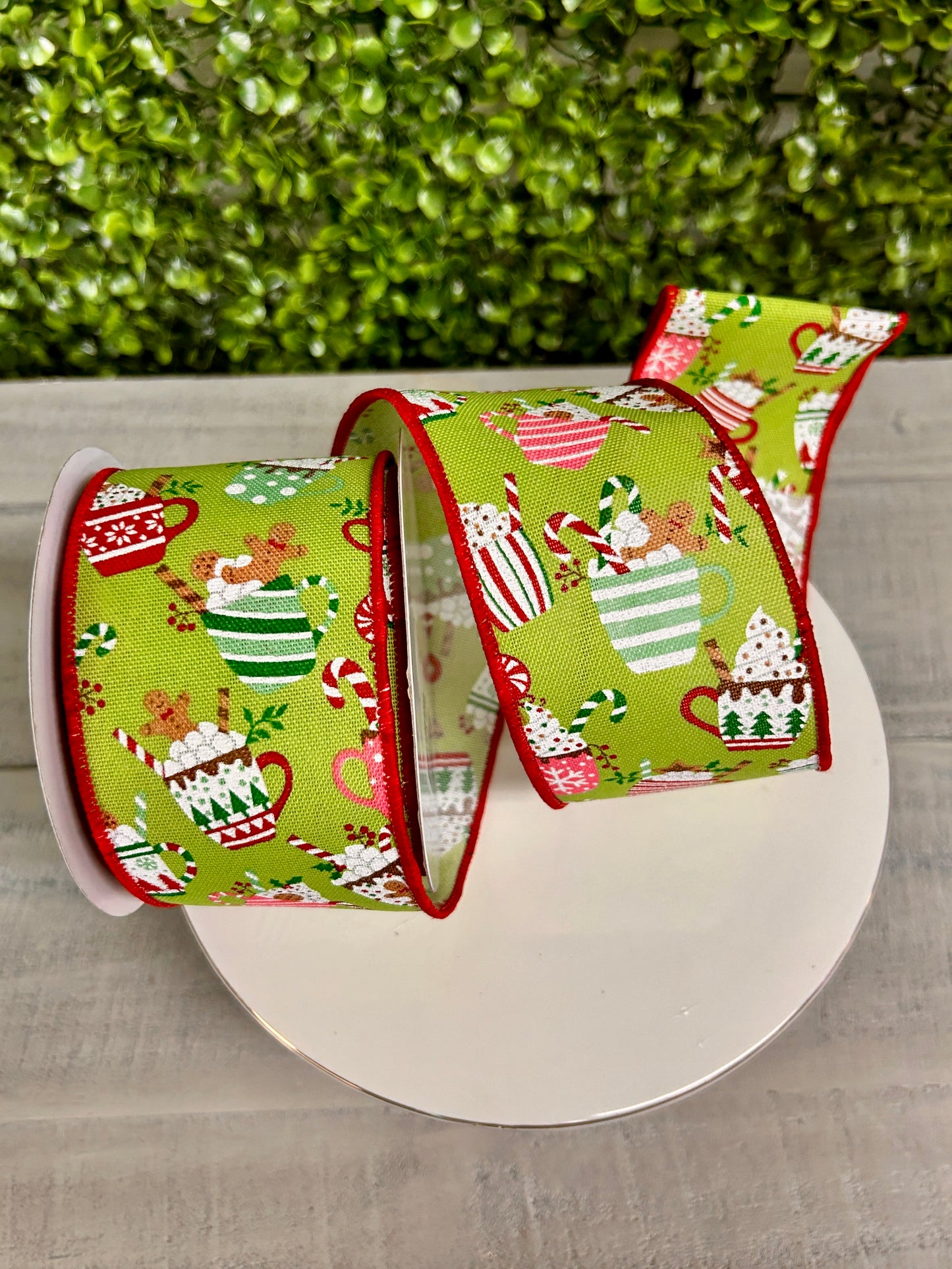 2.5 Inch By 10 Yard Lime Green Christmas Hot Cocoa Mugs Ribbon