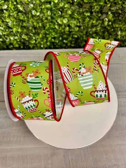 2.5 Inch By 10 Yard Lime Green Christmas Hot Cocoa Mugs Ribbon