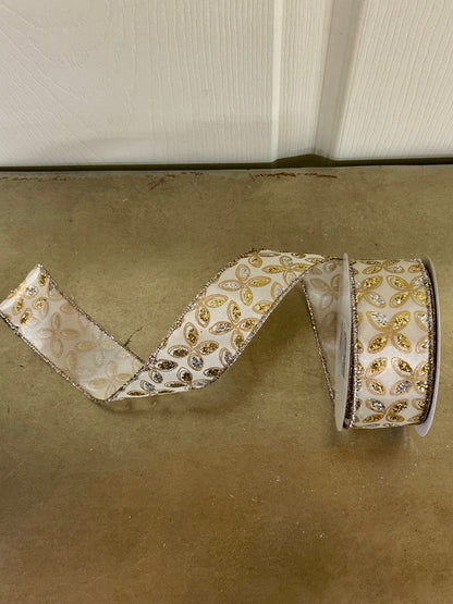 1.5 Inch By 10 Yard Silver And Gold Glitter Petals On Ivory Background Ribbon