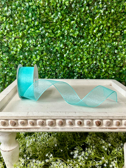 1.5 Inch By 25 Yard Aqua Snow Organza Unwired Ribbon