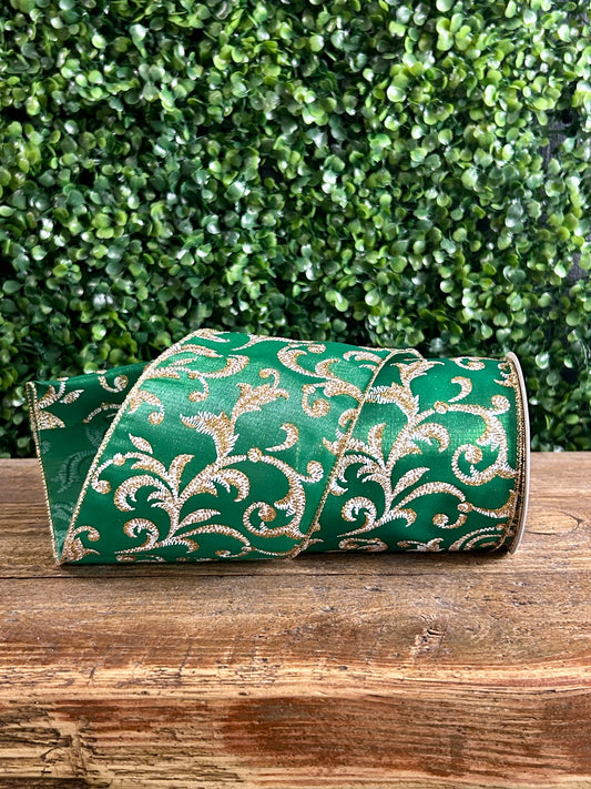 4 Inch By 10 Yard Green White And Gold Filigree Glitter Iridescent Satin Ribbon