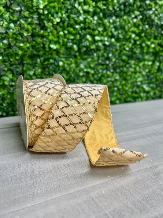 David Christopher's 2.5 Inch By 10 Yard Gold Velvet Ribbon With Stitched Sequin Diamond Design Ribbon