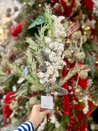 28 Inch White Berry Pinecone With Snow Spray