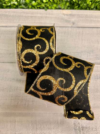 2.5 Inch By 10 Yard Black And Gold Glitter Swirl Ribbon