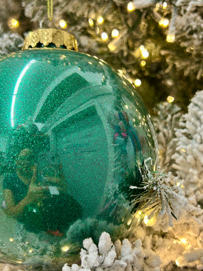 6 Inch Emerald Green Lacquer Look Glitter Ball Ornament