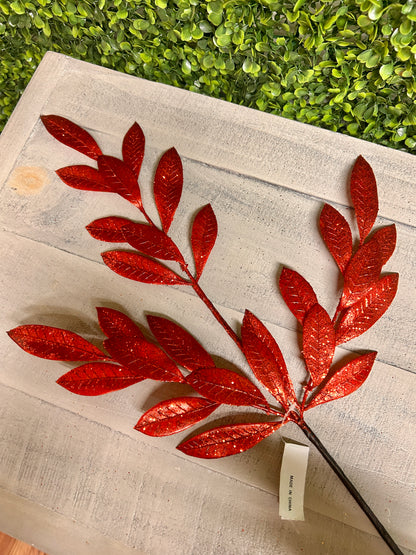 26 Inch Red Metallic Bay Leaf Spray