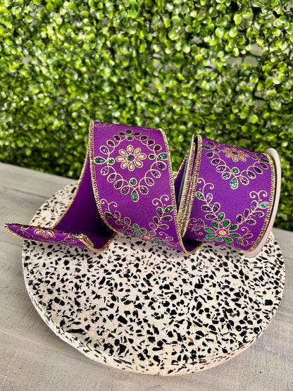 2.5 Inch By 10 Yard Mardi Gras Ornate Loop Diamond Ribbon