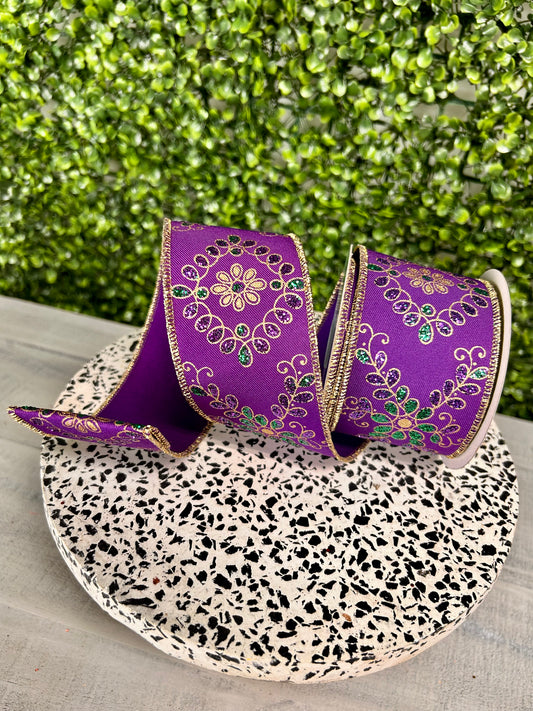 2.5 Inch By 10 Yard Mardi Gras Ornate Loop Diamond Ribbon