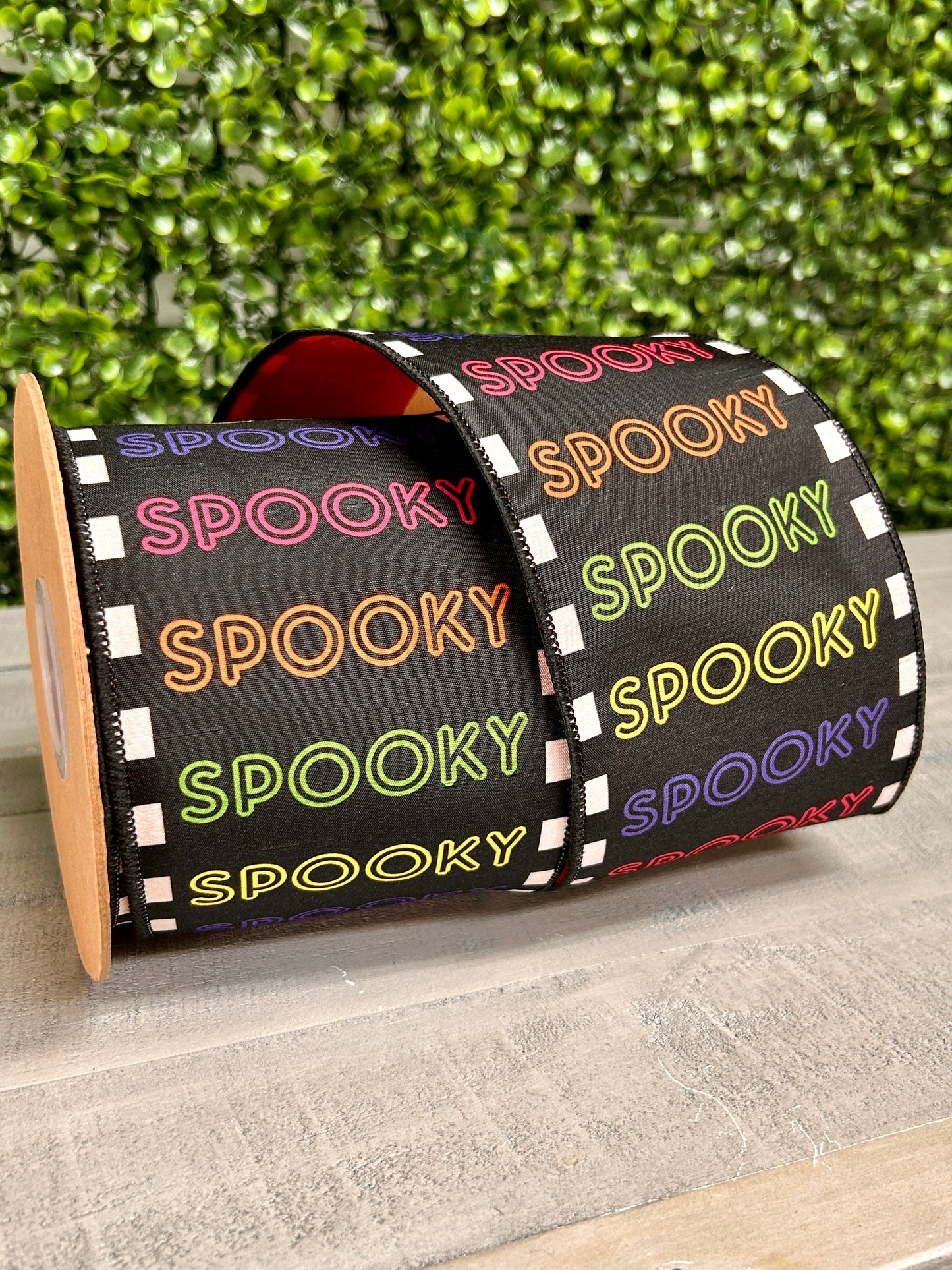 4 Inch By 10 Yard Bright Spooky On Black With Satin Orange Backing Ribbon