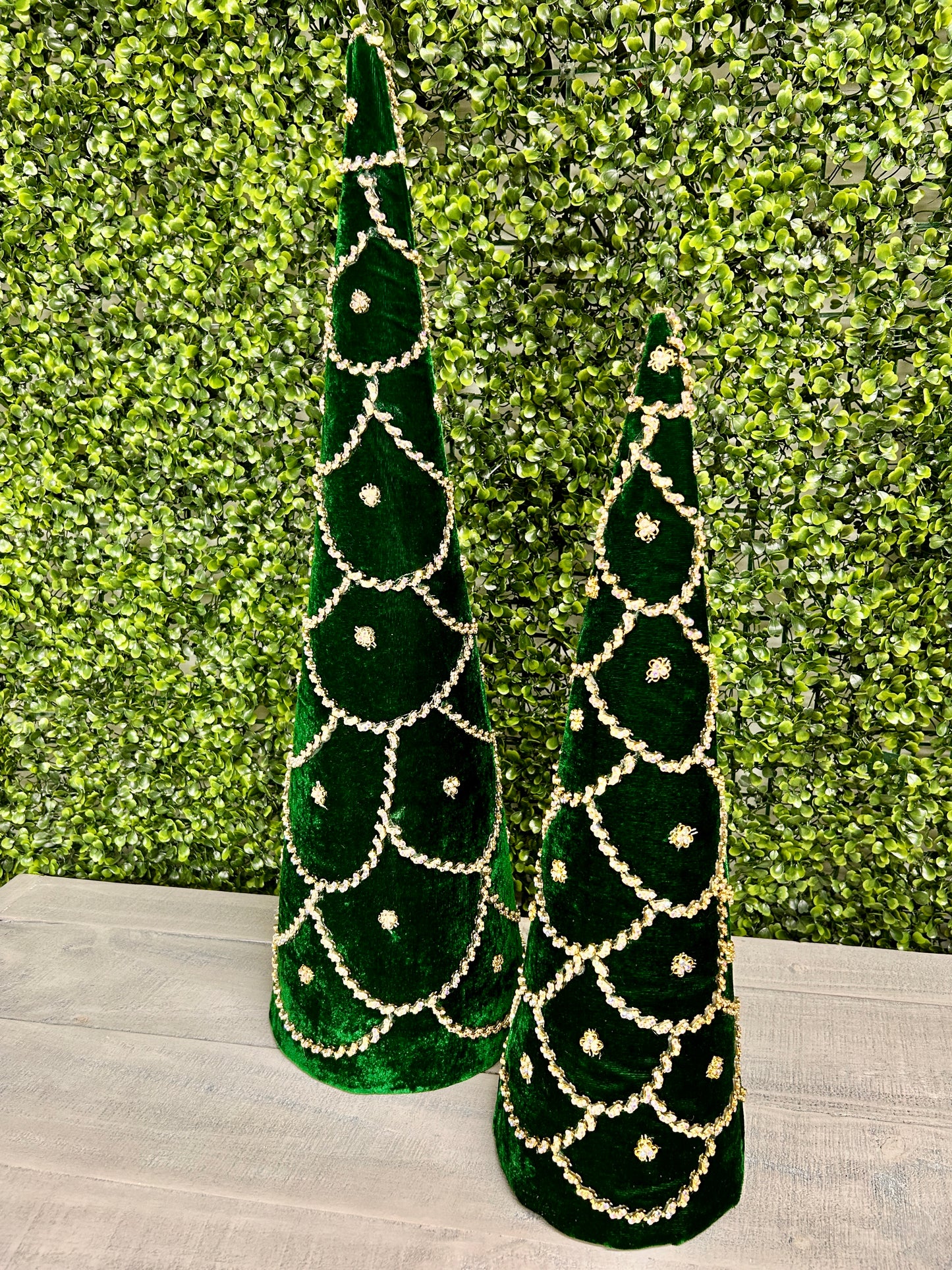 Set Of Two 18 And 24 Inch Emerald Green Jeweled Scalloped Velvet Cone Tree