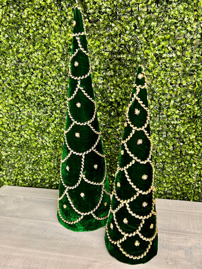 Set Of Two 18 And 24 Inch Emerald Green Jeweled Scalloped Velvet Cone Tree