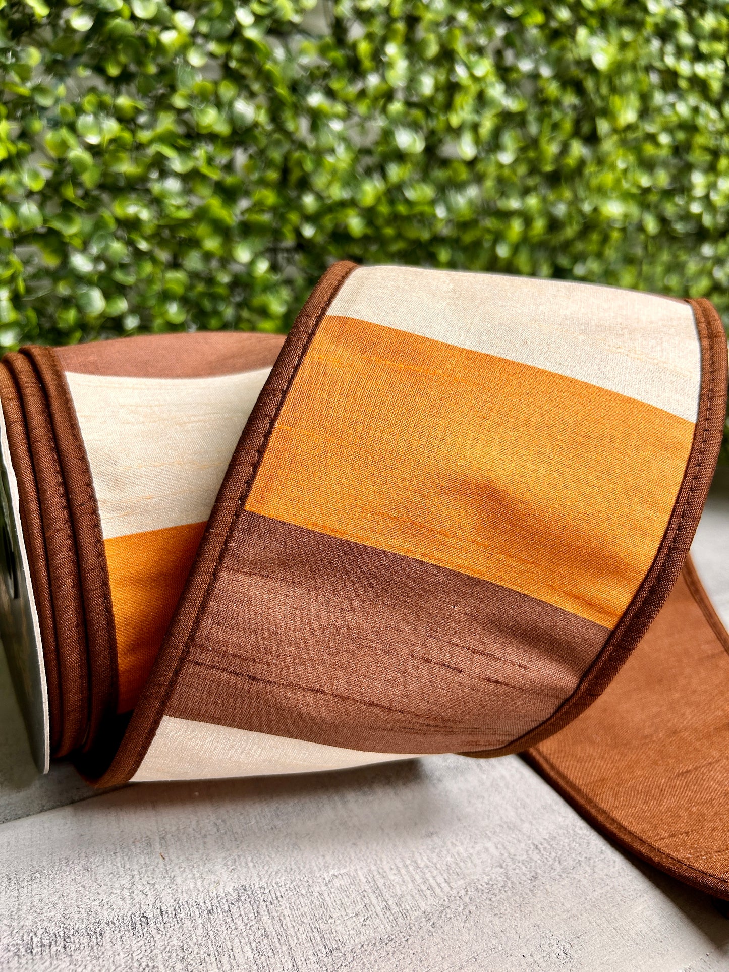 John Mark 4 Inch By 10 Yard Brown Cream Orange Dupioni Block Striped Ribbon
