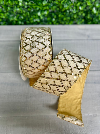 David Christopher's 2.5 Inch By 10 Yard Gold Velvet Ribbon With Stitched Sequin Diamond Design Ribbon