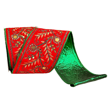 David Christopher 4 Inch By 10 Yard Green Fern Embroidery With Gold Sequins On Red Velvet With Green Back Ribbon