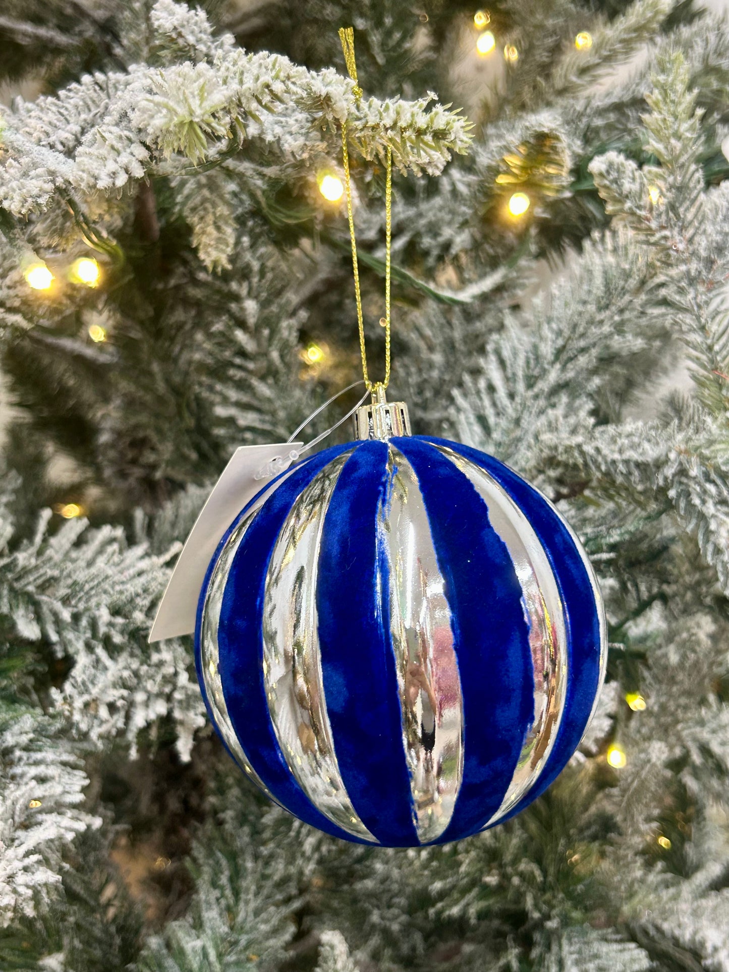 4 Inch Blue And Silver Stripe Ball Ornament