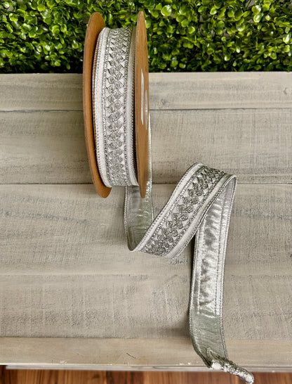 1.5 Inch By 10 Yard White And Silver Velvet Ribbon With Metallic Trim