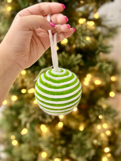 4.5 Inch Chenille Ball Ornament Green And White