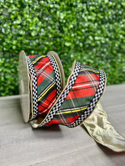 David Christopher's 2.5 Inch By 10 Yard Woven Plaid Check Ribbon With Gold Backing Ribbon