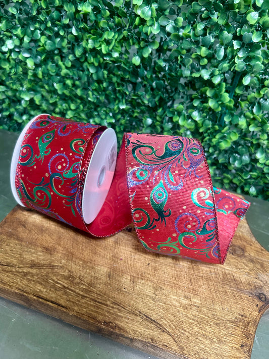 2.5 Inch By 10 Yard Peacock Swirls On Red Background Ribbon