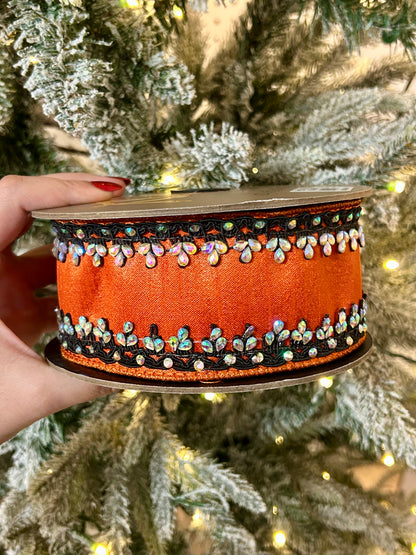 2.5 Inch By 5 Yards Orange And Black Metallic Dupioni With Iris Jewel Trim Ribbon