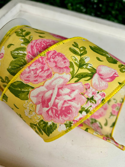 2.5 Inch By 10 Yard Pink Green And Yellow Floral Ribbon