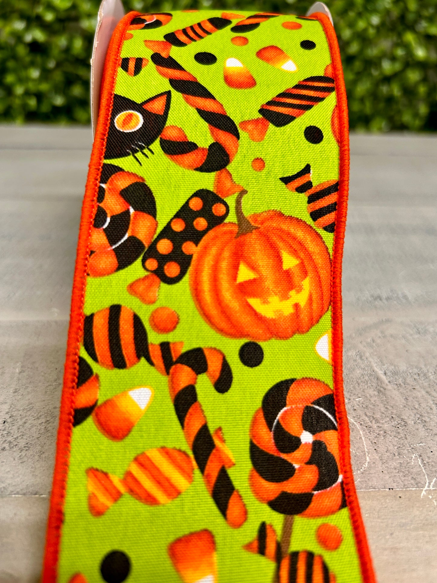 2.5 Inch By 10 Yard Halloween Pumpkin Cats And Candy On Lime Ribbon