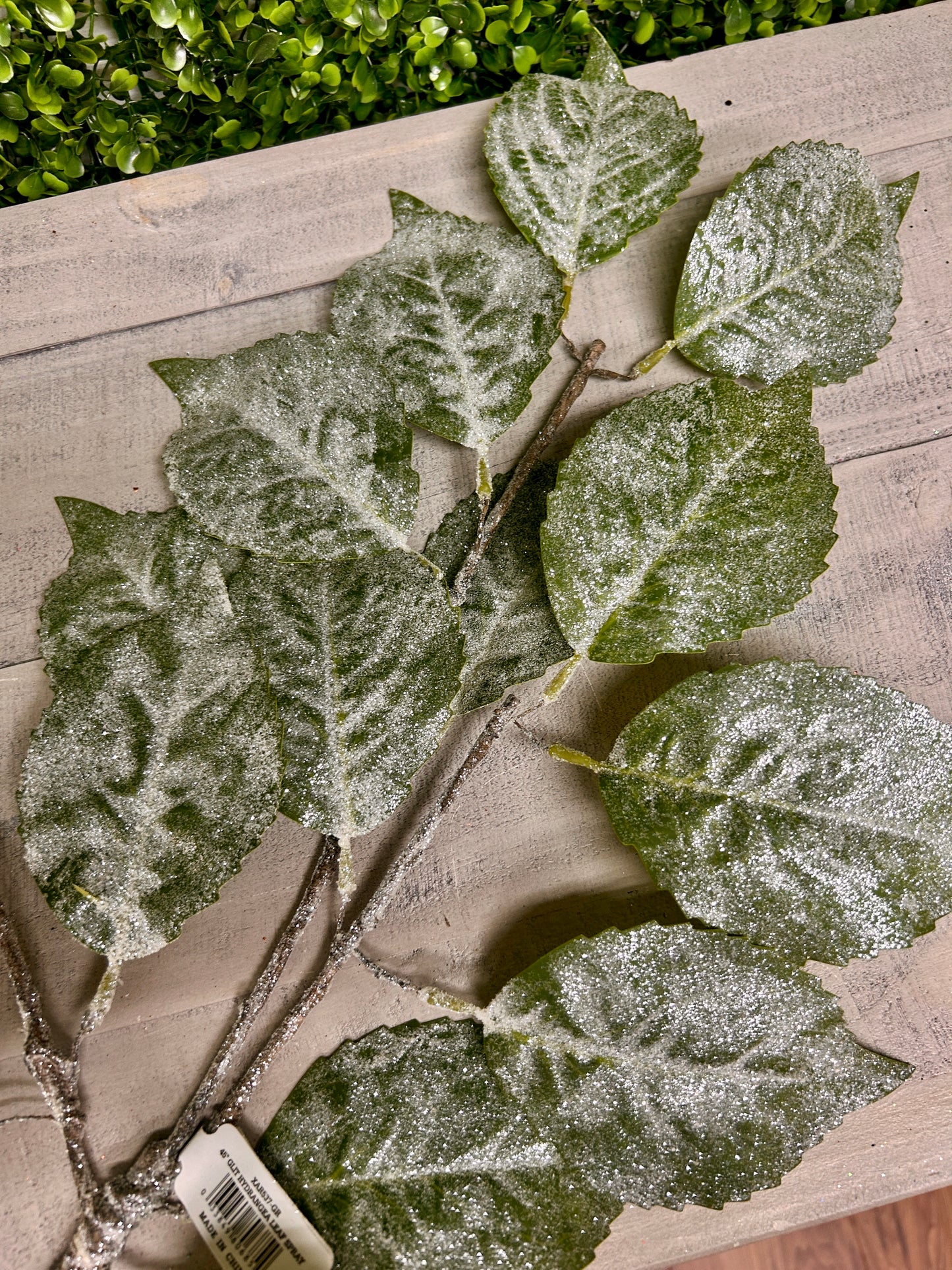45 Inch Green Glitter Hydrangea Leaf Spray